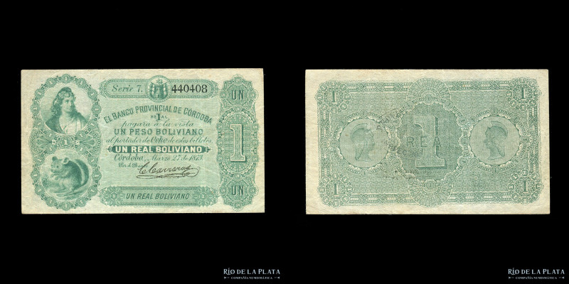 Argentina. Córdoba. El Banco Provincial de Córdoba. 1 Real Boliviano 1873. Impre...