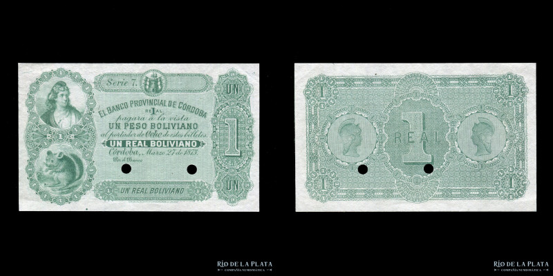 Argentina. Córdoba. El Banco Provincial de Córdoba. Specimen 1 Real Boliviano 18...