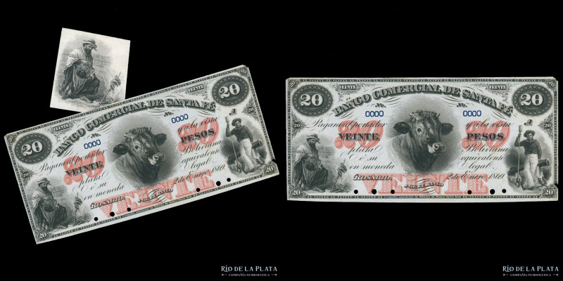 Argentina. Santa Fe. Banco Comercial de Santa Fe. Proof 20 Pesos Plata Boliviana...