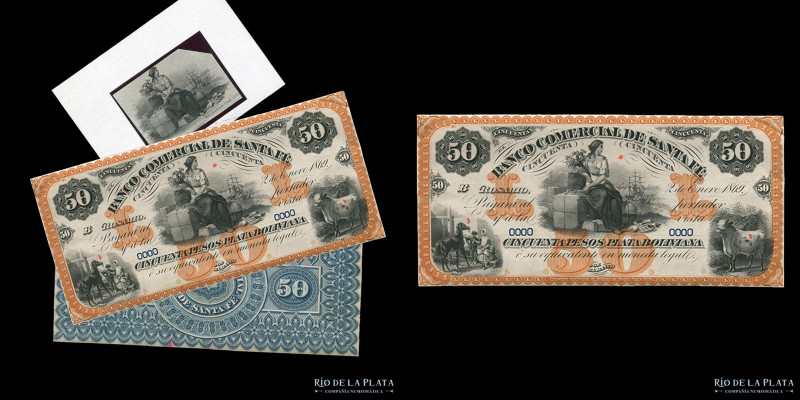 Argentina. Santa Fe. Banco Comercial de Santa Fe. Proof 50 Pesos Plata Boliviana...