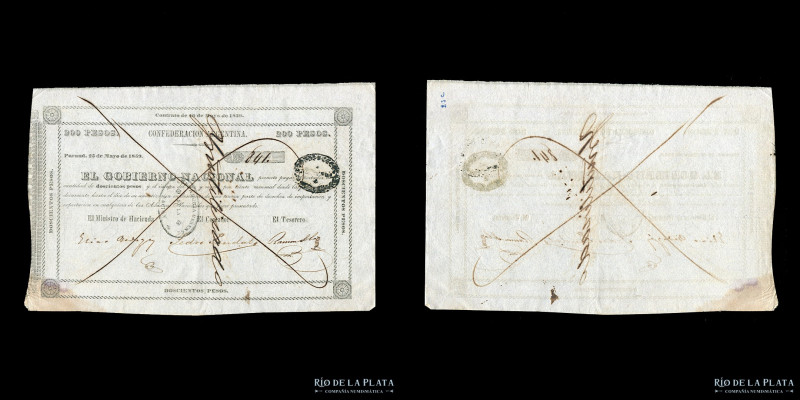Argentina. Confederación Argentina. Bono de Aduana. 200 Pesos 1859. Octava emisi...