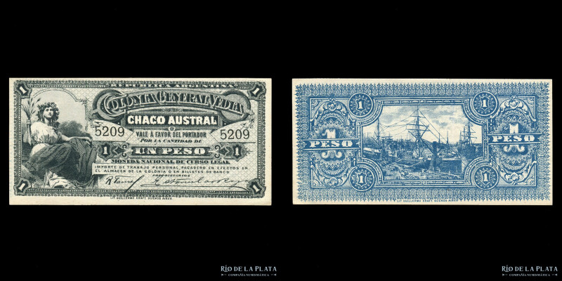 Argentina. Chaco. Colonia General Vedia, Chaco Austral. Vale 1 Peso 1884. Impres...