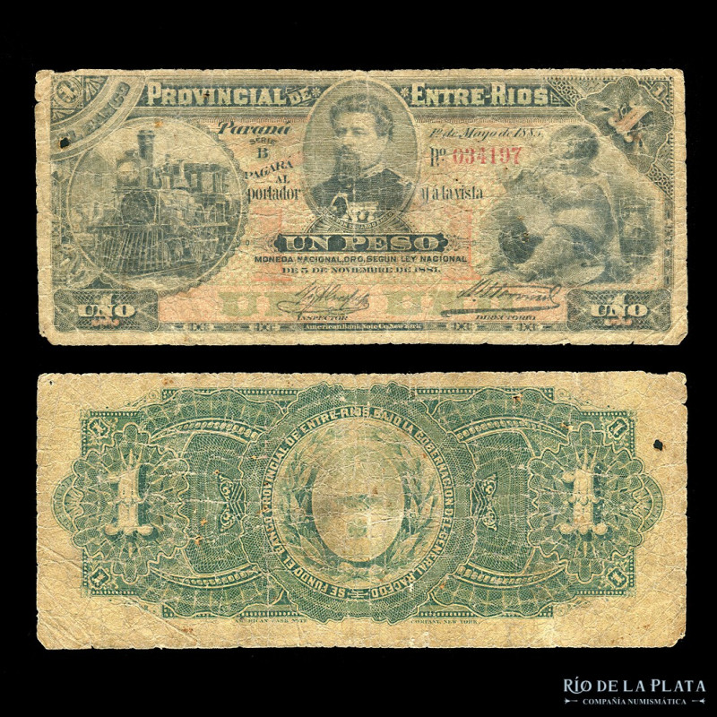 Argentina. Entre Rios. El Banco Provincial de Entre Ríos. 1 Peso MN 1885. 2º Emi...