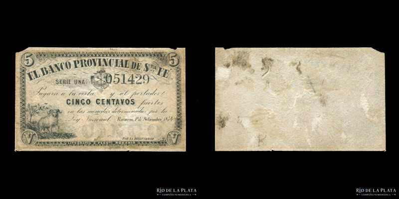 Argentina. Santa Fe. Banco Provincial de Santa Fe. 5 Centavos 1874 Remainder. Pr...