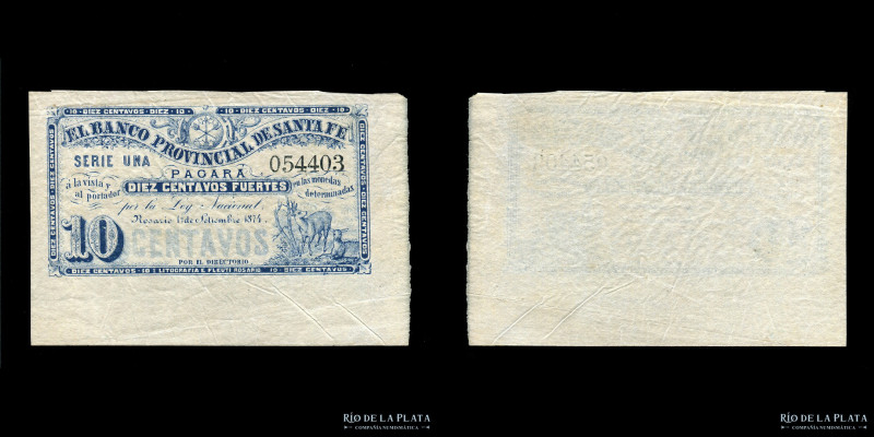 Argentina. Santa Fe. Banco Provincial de Santa Fe. 10 Centavos 1874 Remainder. P...