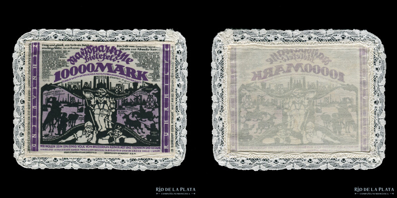 Alemania. Notgeld Bielefeld. 10000 Mark 1923 Tela, con borde de puntilla. Grab 7...