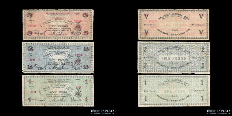 Filipinas. ILO ILO Emergency notes, Villalon Printing. 1, 2 y 5 Pesos 1942-1943....