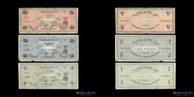 Filipinas. ILO ILO Emergency notes. 1, 2 y 5 Pesos 1942-43. Pick S324-328