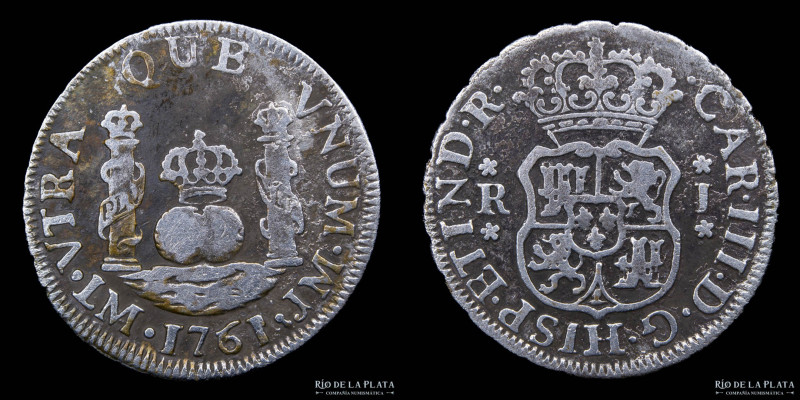 Lima. Carlos III (1759-1788) 1 Real 1761 LM Columnaria. AG.917; 20.0mm; 3.28g. K...