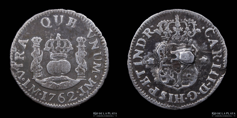 Lima. Carlos III (1759-1788) 1/2 Real 1762 LM Columnaria. AG.917; 17.0mm; 1.74g....