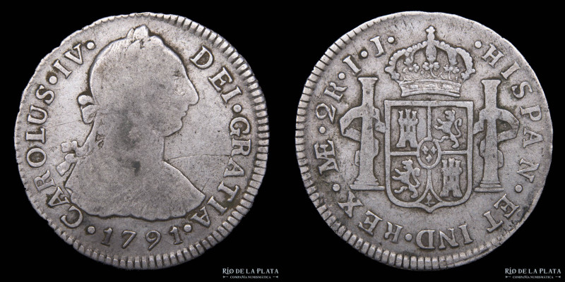 Lima. Carlos IV. (1788-1808) 2 Reales 1791 IJ. AG.896; 28mm; 6.69g. KM85.2 (VF)...