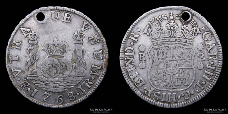Potosí. Carlos III (1759-1788) 2 Reales 1768 JR Columnaria (José de Vargas y Flo...