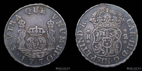 Potosi. Carlos III. 2 Reales 1770 JR Columnaria. CJ 60.4.1