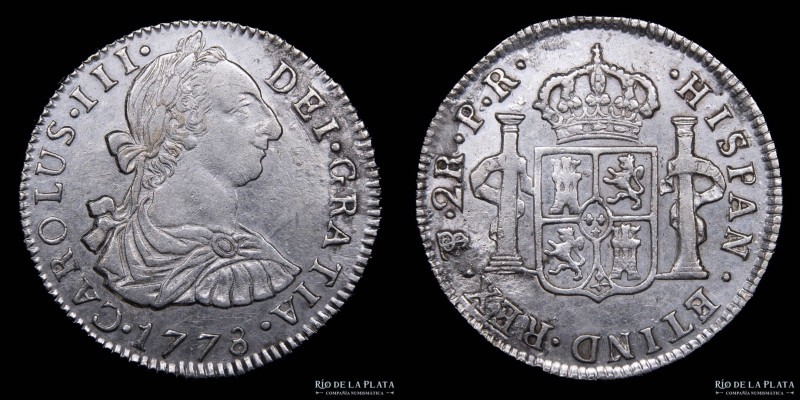 Potosí. Carlos III (1759-1788) 2 Reales 1778 PR (Pedro Mazondo, Raymundo de Ytur...