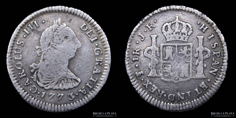 Potosí. Carlos III (1759-1788) 1 Real 1773 JR. AG.903; 21mm; 3.14g. CJ 66.1 (F)...