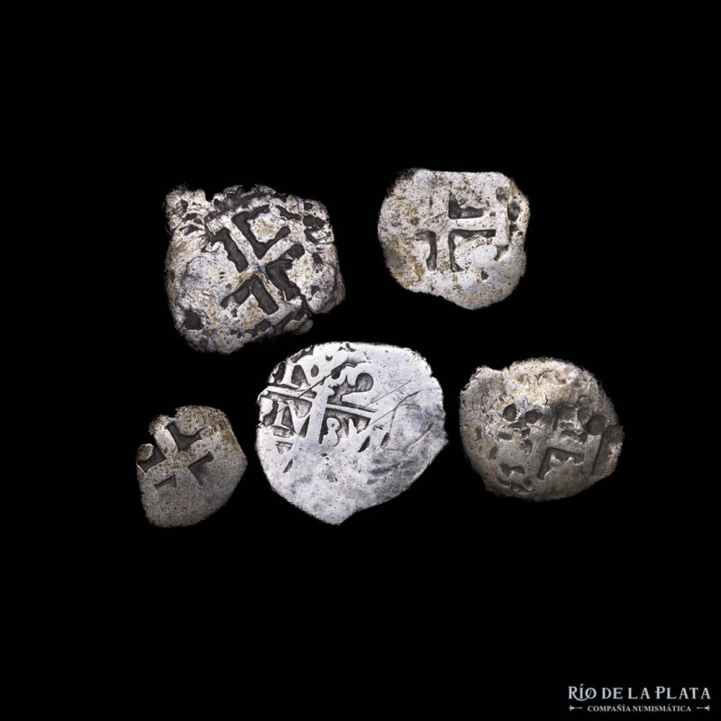 Potosí. Lote x5 monedas. 1/2, 1 y 2 Reales. Plata; Peso total 15g. Interesante l...