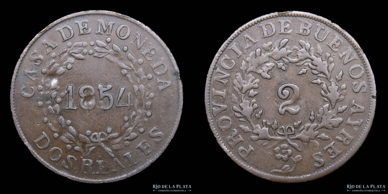Argentina. Buenos Aires. 2 Reales 1854. Cobre; 32mm; 8.24g. CJ 19.3 (A3-R3); KM9...