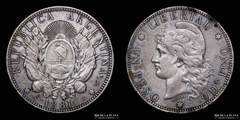 Argentina. 1 Peso 1881 patacón. AG.900; 37.0mm; 25.05. Ceca de Buenos Aires. Sol...