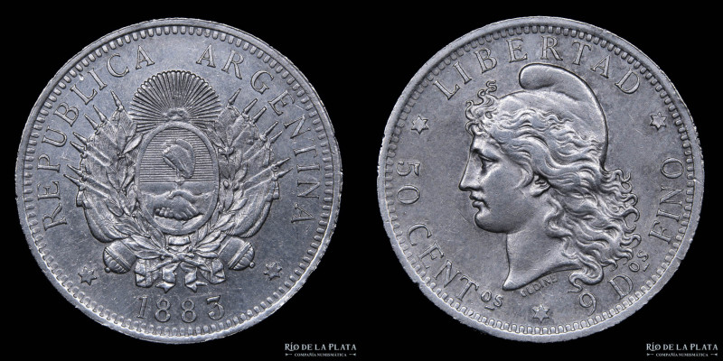 Argentina. 50 Centavos 1883. AG.900; 30.1mm; 12.47g. Buenos Aires mint. CJ 17; K...
