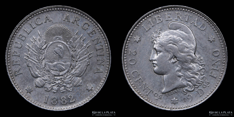 Argentina. 20 Centavos 1882. AG.900; 23.3mm; 5.00g. Buenos Aires mint. CJ 18; KM...