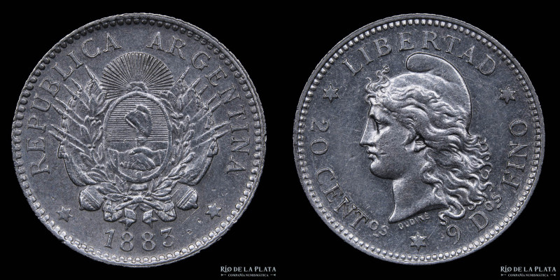 Argentina. 20 Centavos 1883. AG.900; 23.3mm; 5.00g. Buenos Aires mint. CJ 19; KM...