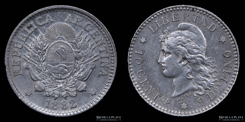 Argentina. 10 Centavos 1882. AG.900; 18.3mm; 2.50g. Buenos Aires mint. CJ 20; KM...