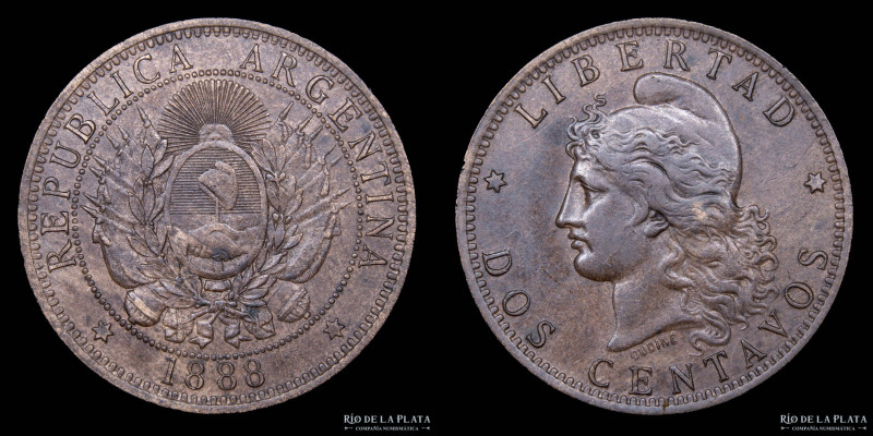 Argentina. 2 Centavos 1888. Buenos Aires mint. Cobre; 30.0mm; 10.00g. CJ 29; KM3...