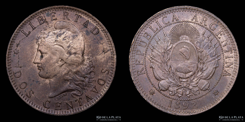 Argentina. 2 Centavos 1892. Buenos Aires mint. Cobre; 30.0mm; 10g. CJ 33; KM33 (...