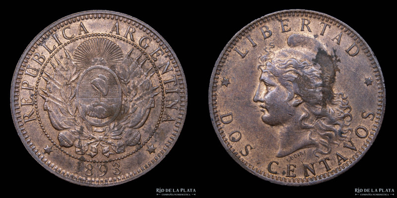 Argentina. 2 Centavos 1893. Buenos Aires mint. Cobre; 30.0mm; 10g. CJ 34; KM33 (...