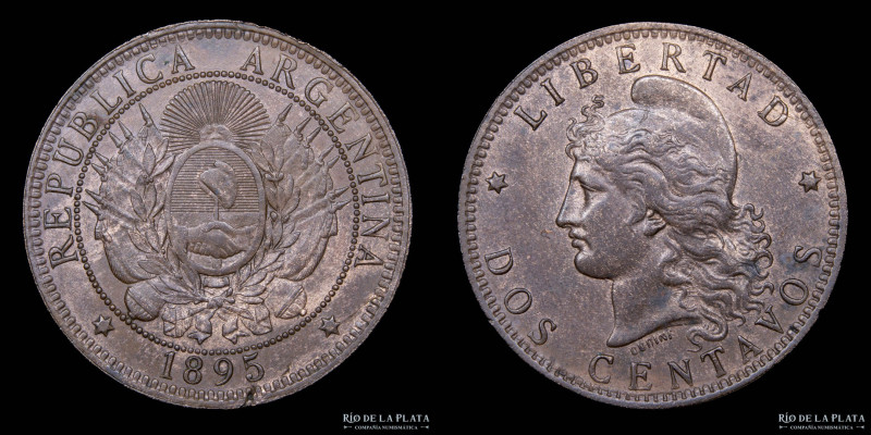 Argentina. 2 Centavos 1895. Buenos Aires mint. Cobre; 30.0mm; 10.00g. CJ 36; KM3...