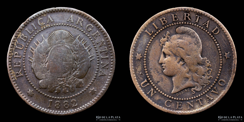 Argentina. 1 Centavo 1882. Buenos Aires mint. Cobre; 25.0mm; 5.00g. Fecha escasa...