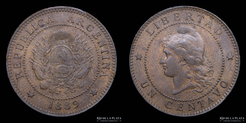 Argentina. 1 Centavo 1889. Ceca de Buenos Aires. Cobre; 25mm; 5.00g. CJ 45; KM32...