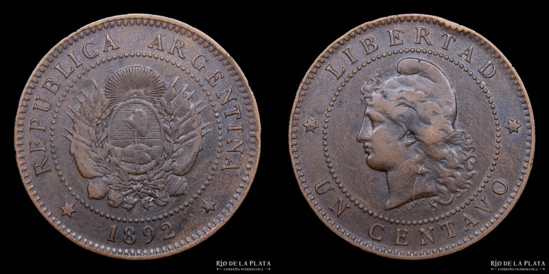 Argentina. 1 Centavo 1892. Buenos Aires mint. Cobre; 25.0mm; 5.00g. CJ 47; KM32 ...