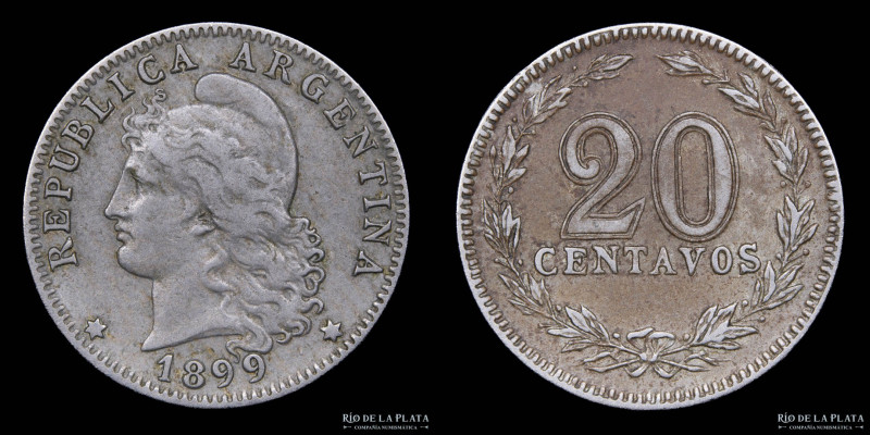 Argentina. 20 Centavos 1899. Cu-Ni; 21.5mm; 3.98g. Muy Rara, solo 840.108 acuñad...