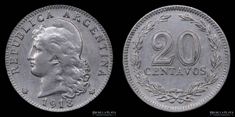 Argentina. 20 Centavos 1918. Cu-Ni; 21.5mm; 4.00g. CJ 68; KM36 (XF)

Estimate:...