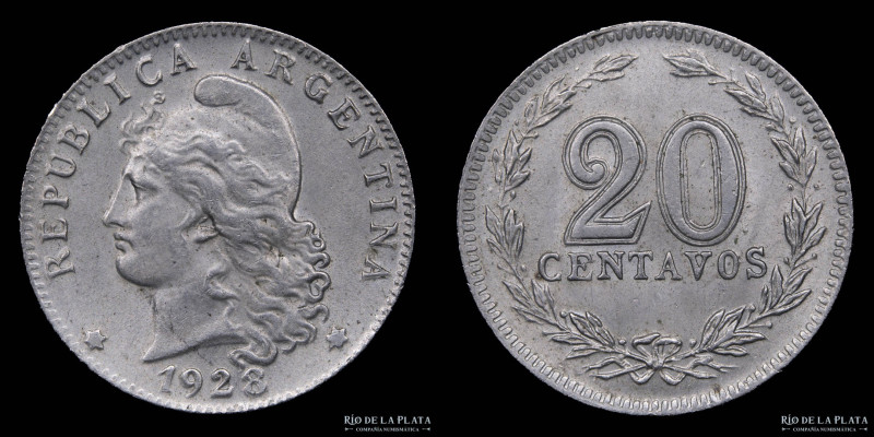 Argentina. 20 Centavos 1928. Cu-Ni; 21.5mm; 4.00g. CJ 78; KM36 (UNC)

Estimate...