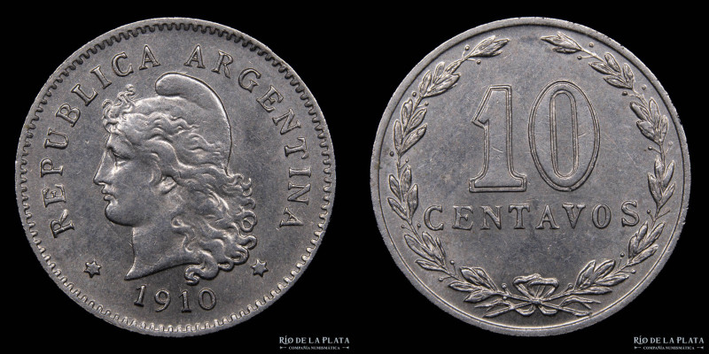 Argentina. 10 Centavos 1910. Buenos Aires Mint. Cu-Ni, 19.0mm; 3.00g. Fecha muy ...