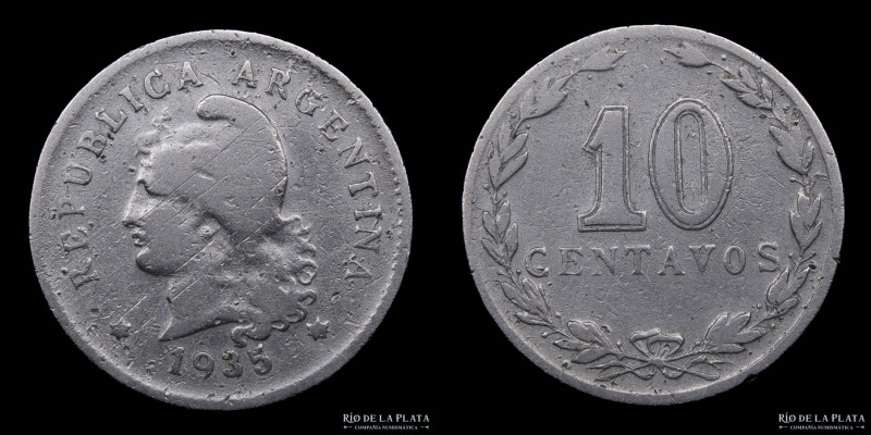 Argentina. 10 Centavos 1935. Variante muy rara. 5 con tipografía recta. Cu-Ni; 1...