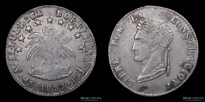 Bolivia. 4 Soles 1857 FJ. AG.667; 32mm; 13.98g. KM123.2 (VF+)

Estimate: USD 2...