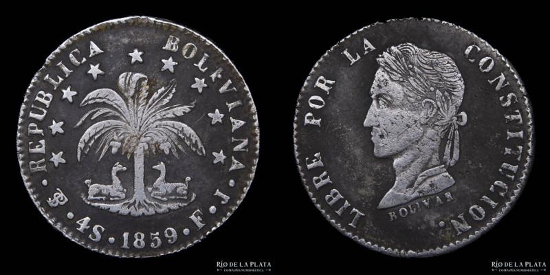 Bolivia. 4 Soles 1859 FJ. V invertida en "BOLIVAR". AG.667; 32mm; 13.64g. KM123....