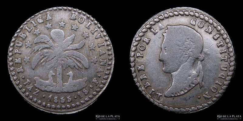 Bolivia. 1 Sol 1855 F. La Paz Mint. AG.667; 20mm; 3.17g. Muy rara. KM128 (VF) Li...