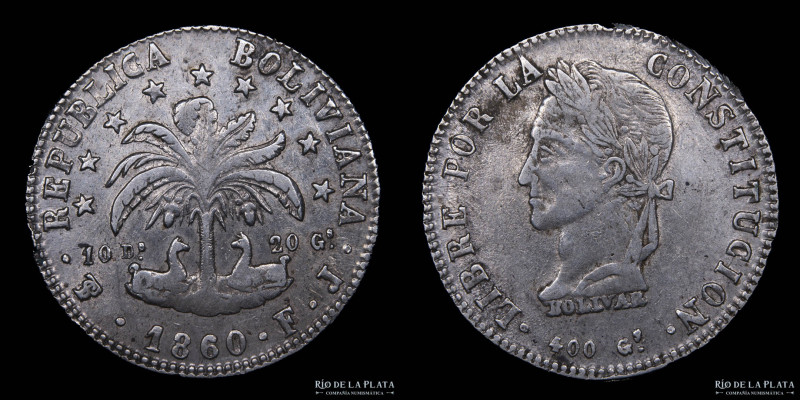 Bolivia. 8 Soles 1860 FJ. Simón Bolivar. AG.903; 34.0mm; 20.00g. KM138.6 (XF)
...