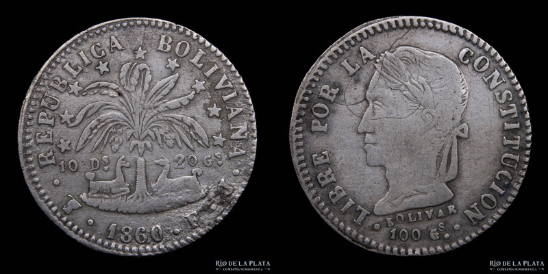 Bolivia. 2 Soles 1860 FJ. AG.903; 24mm; 4.91g. KM135.2 (VF) Rayas

Estimate: U...