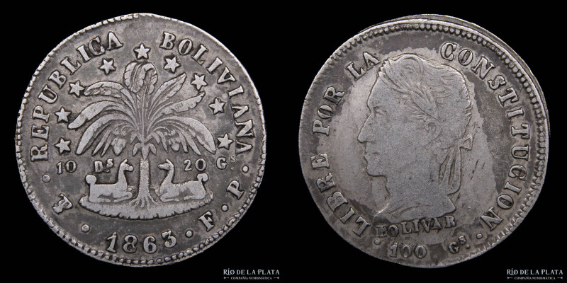 Bolivia. 2 Soles 1863 FP. AG.903; 24.0mm; 4.98g. KM135.2 (VF+)

Estimate: USD ...