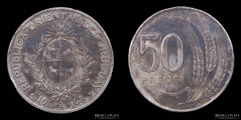 Uruguay. 50 Pesos 1968. Ensayo/Pattern. Santiago Mint. AG.900 24mm 6.58g; Pn C85...
