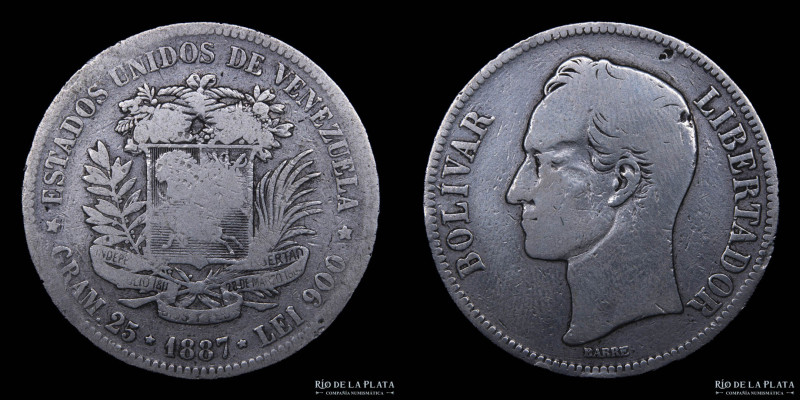 Venezuela. 5 Bolívares 1887. AG.900; 37.2mm; 24.31g. KMY24 (F)

Estimate: USD ...