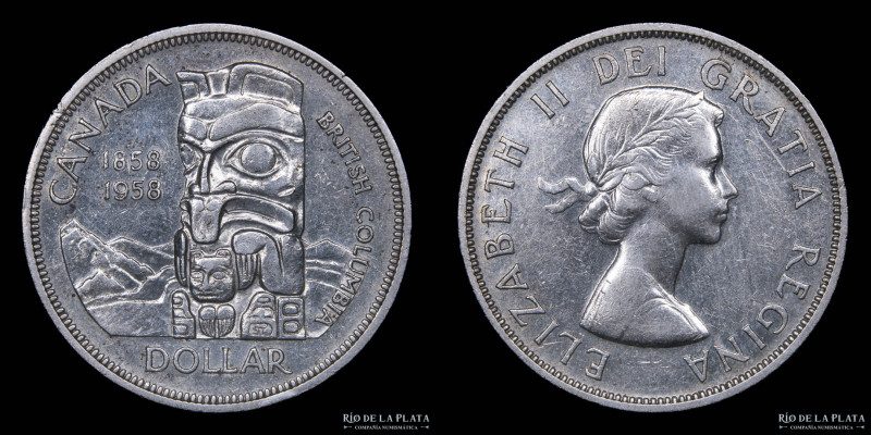 Canadá. 1 Dollar 1958. 100º Aniversario de British Columbia. AG.800; 36.0mm; 23....