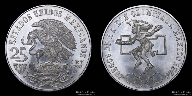 México. 25 Pesos 1968. Olympic Games. AG.720; 38.0mm; 22.60g. KM479.1 (UNC)

E...