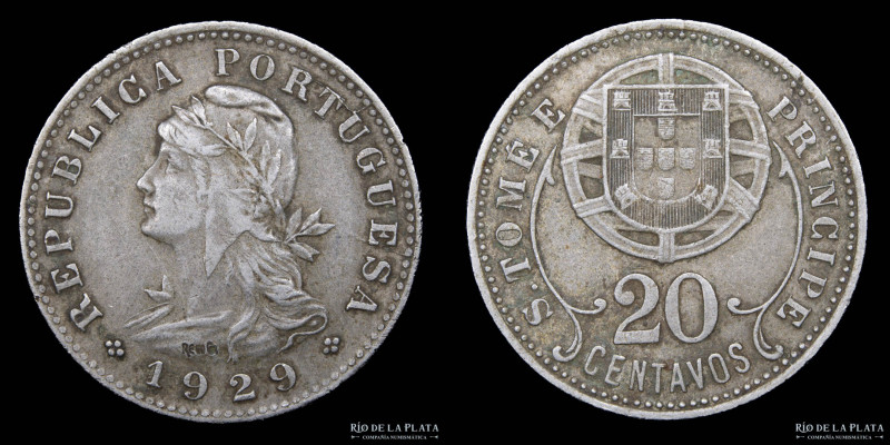 Santo Tomé y Príncipe (Colonia Portuguesa) 20 Centavos 1929. Cu-Ni; 24.0mm; 4.45...
