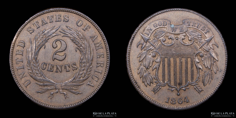 USA. 2 Cents 1864. Union Shield. Cobre; 23mm; 6.17g. KM94. Hermoso ejemplar. (AU...